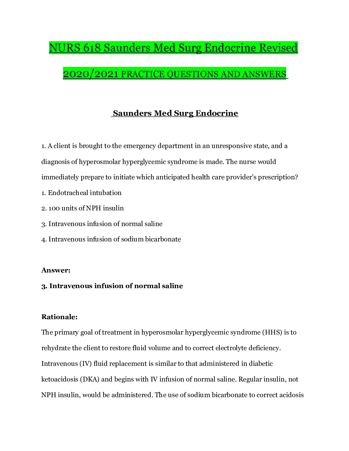 Preview of NURS 618 Saunders Med Surg Endocrine Revised  2020/2021 PRACTICE QUESTIONS AND ANSWERS
